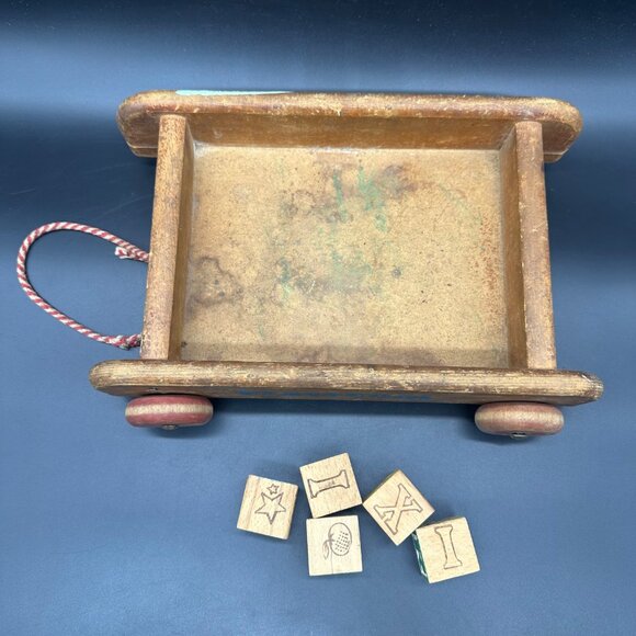 Vintage Playskool Wooden Wagon Pull Toy Blocks Rope Handle 1960s Mid Century - Picture 6 of 13